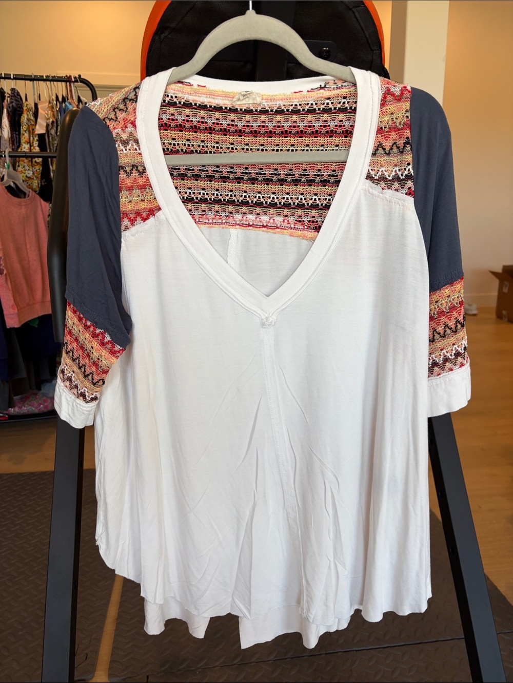POL White V-Neck Blouse with Multicolor Tribal Yoke and Navy Raglan Sleeves